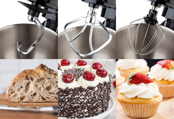 3 accesorii potrivite pentru orice sarcină: frământare, amestecare și batere.