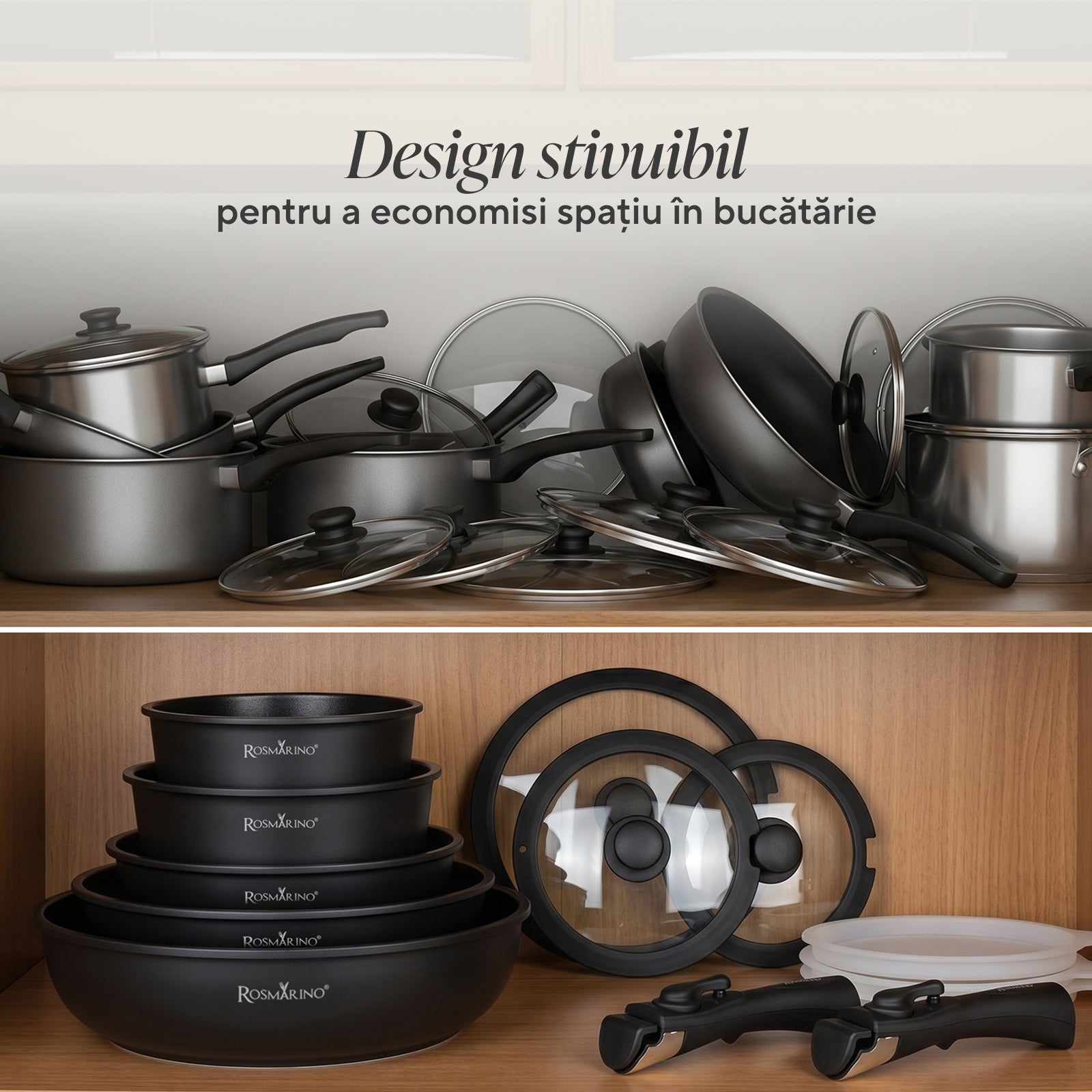 Set de vase de gătit format din 12 piese cu mâner detașabil